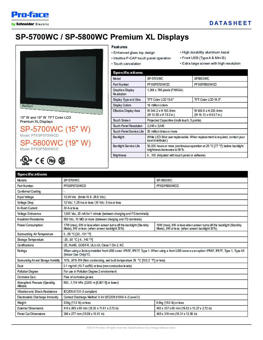 First Page Image of PFXSP5800WCD Premium XL Display Datasheet.pdf